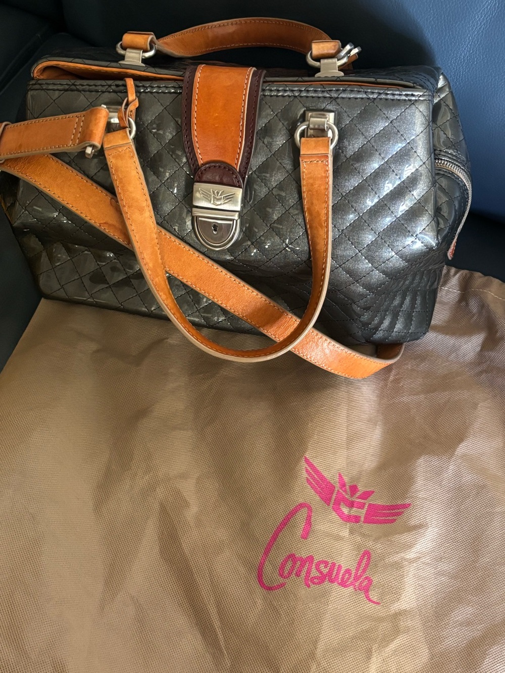 Consuela Smoke Quilted Satchel with Tan Leather Handles, Candy Crush